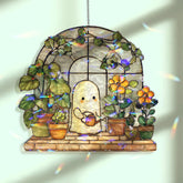 Cute Ghost Gardener Acrylic Wavy Suncatcher Ornament, Whimsical Plant Faux Stained Glass Window Decor, Kawaii Spooky Gift for Garden Lovers